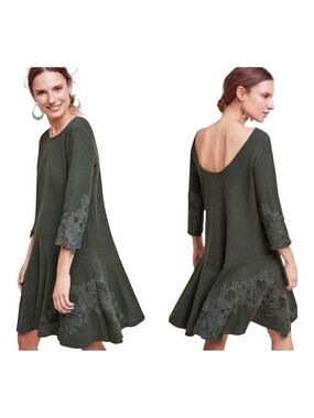 ANTHROPOLOGIE Maeve Tierra Green Dropwaist Linen Dress Size XS Petite